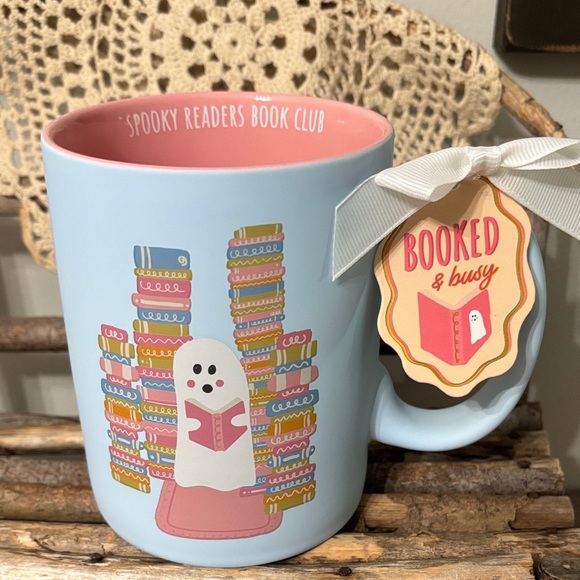 Spooky Readers Book Club Ghost Reading a Book Soft Touch Blue Pink Coffee Mug - Picture 1 of 11